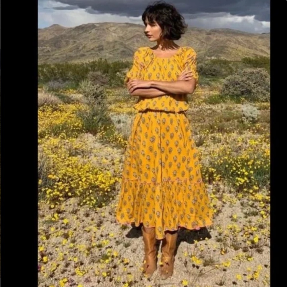 Rhode Frida Floral Printed Square Neck Off Shoulder Midi Dress Yellow Sz S